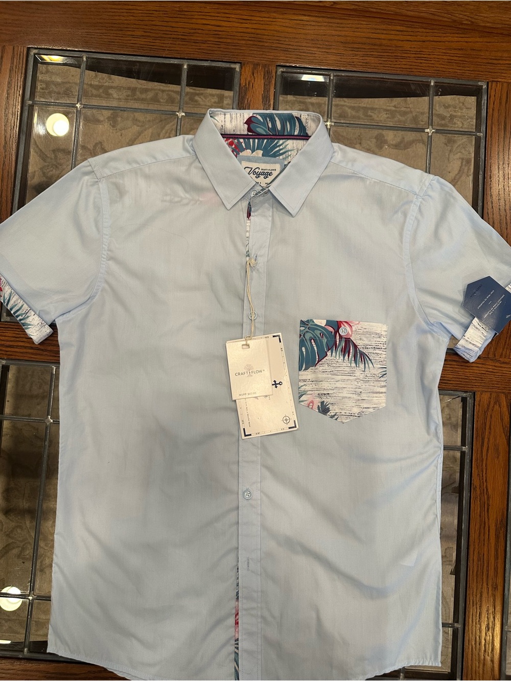 Light Blue Short-Sleeve Button-Down with Tropical Pocket